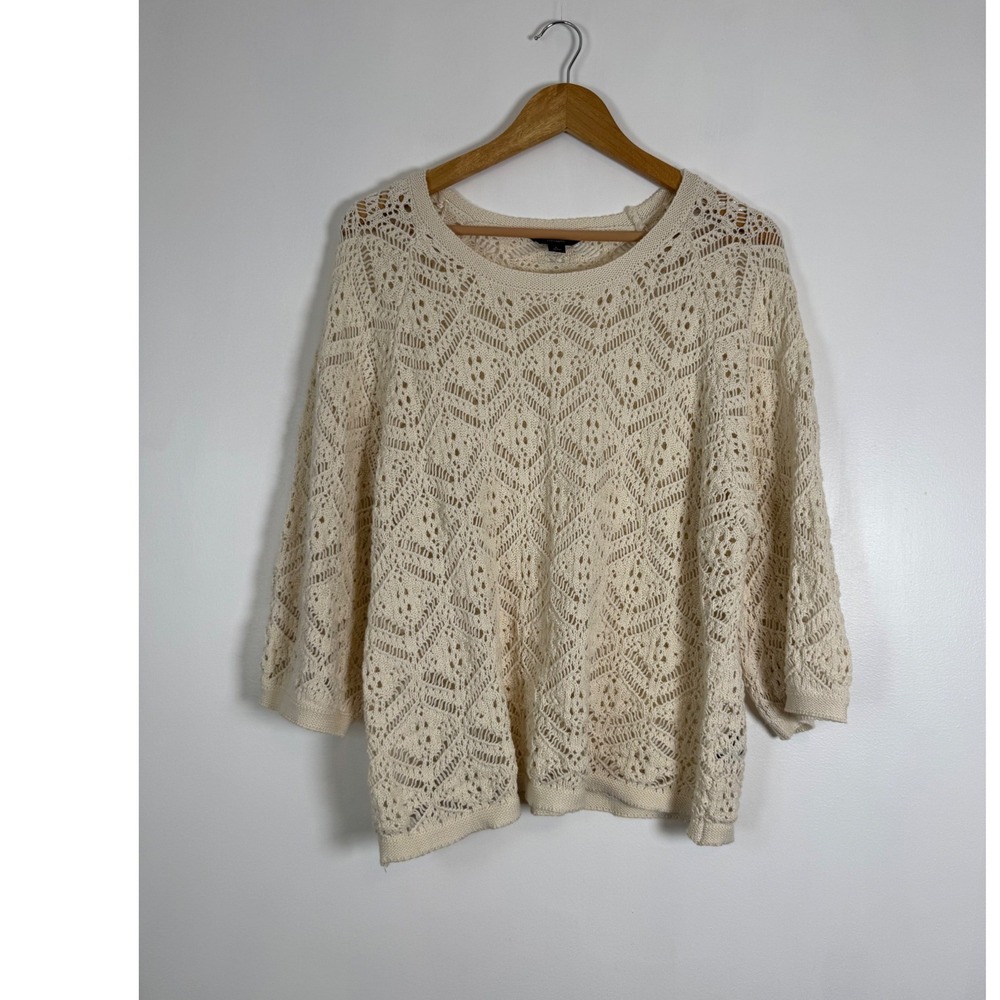 Boho Simply Vera Vera Wang Womens LG Crochet Sweater Cream Open Knit 3/4 Sleeve